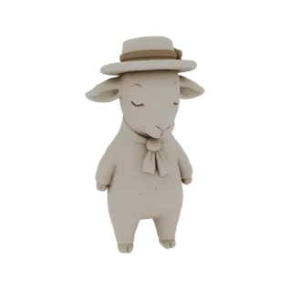 3D model of a cute sheep wearing a hat and scarf, with eyes closed and a gentle expression.