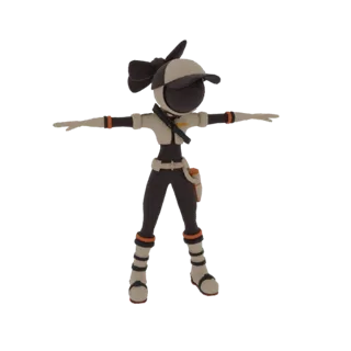Un modelo 3D estilizado de un personaje aventurero de pie en pose T con los brazos extendidos, vistiendo una gorra y una bols