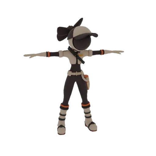 Ein stilisiertes 3D-Modell eines Abenteurer-Charakters in T-Pose mit ausgestreckten Armen, trägt eine Mütze und eine Utility-