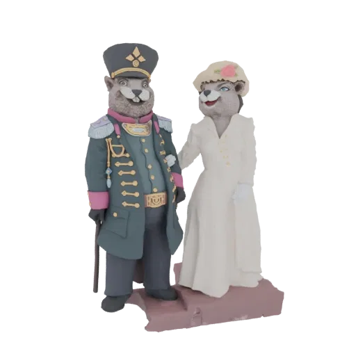 3D model of a Victorian-era groundhog couple, the male in a military uniform and the female in a white gown, standing on a ba
