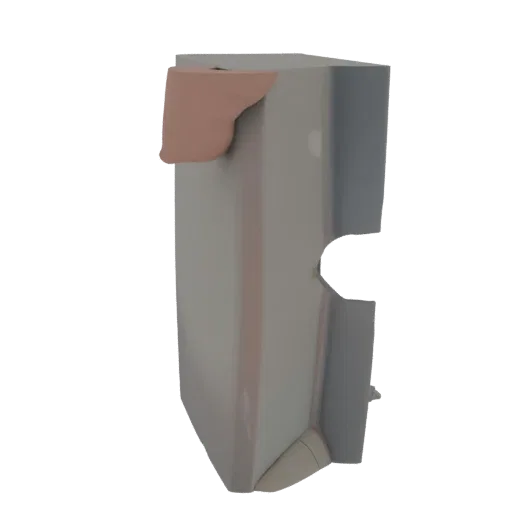 3D render of an abstract sculpture with a grey geometric base and a flowing peachy-pink organic overlay on top.
