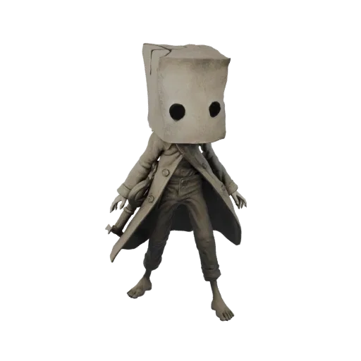 3D model of Six from Little Nightmares, wearing her iconic paper bag head and trench coat, standing against a black backgroun