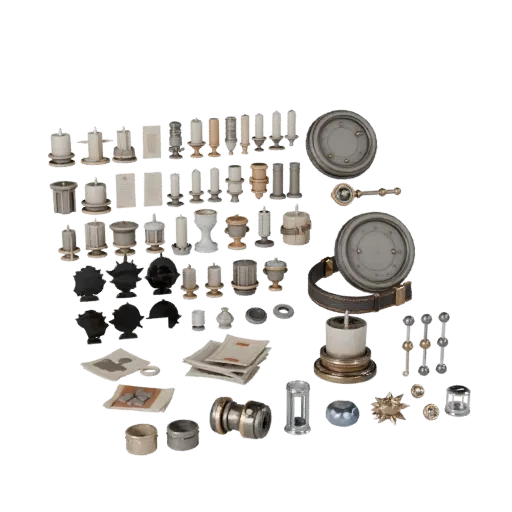 Workshop Candle Cluster High Poly 3D model, close-up studio render, showing paper-like cards, small readable forms.