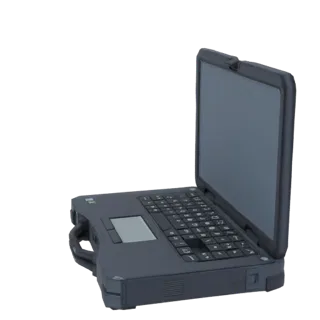 3D model of a dark gray, ruggedized laptop with a handle, viewed from a side angle.