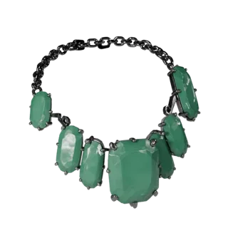 Emerald Necklace game ready 3D model, side view studio render, with calibrated necklace silhouette and material reads.