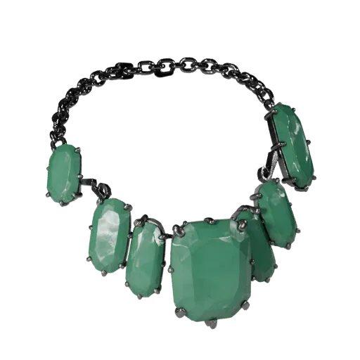 Emerald Necklace game ready 3D model, side view studio render, with calibrated necklace silhouette and material reads.