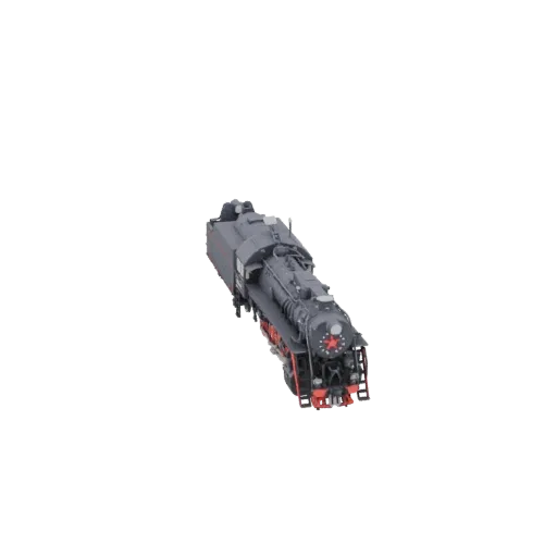 3D model of a dark grey Soviet-era steam locomotive with red accents and a prominent red star on the front.
