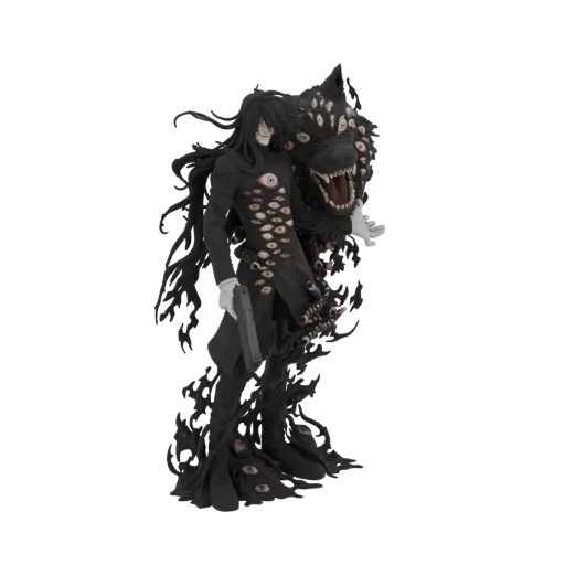 3D model of Alucard in his Hellhound form from Hellsing, featuring multiple eyes and a wolf-like head.