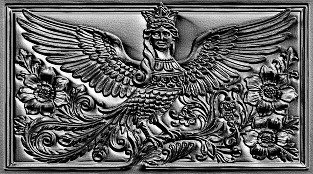 3D model of a bas-relief depicting a winged siren in a crown, surrounded by flowers and floral patterns, in the style of an a