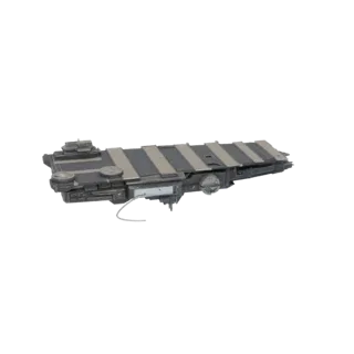 3D model of a futuristic carrier deck with alternating grey and tan plating, showing surface details and a dangling cable.