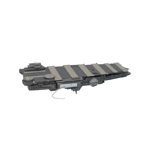3D model of a futuristic carrier deck with alternating grey and tan plating, showing surface details and a dangling cable.