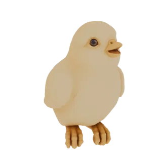 3D-Modell-Rendering eines niedlichen, prallen gelben Kükens, das auf seinen Füßen steht und den Schnabel leicht geöffnet hat.
