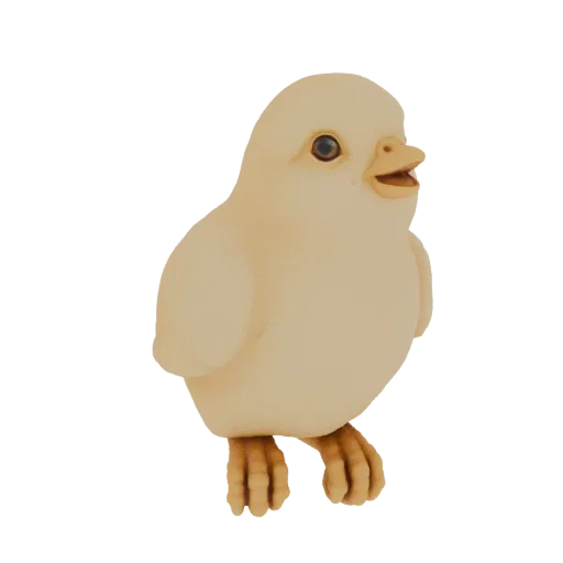 3D model render of a cute, plump yellow chick standing on its feet with its beak slightly open.