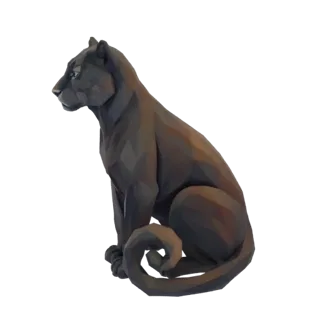 A low-poly 3D model of a black panther sitting, viewed from the side, with sharp geometric facets and a dark coloration.