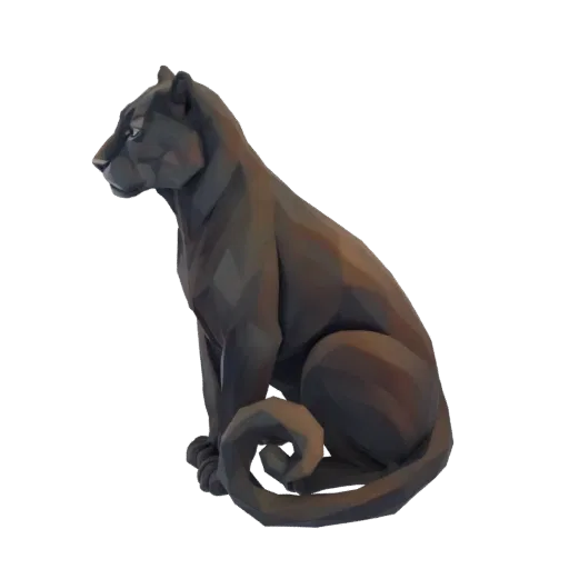 A low-poly 3D model of a black panther sitting, viewed from the side, with sharp geometric facets and a dark coloration.