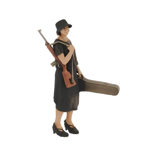 3D model of a 1920s gangster woman in a black dress and hat, holding a guitar case and carrying a rifle.