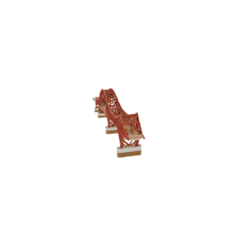 Modèle 3D d'un pont en treillis rouge avec un treillis complexe et des supports solides, sur fond blanc.