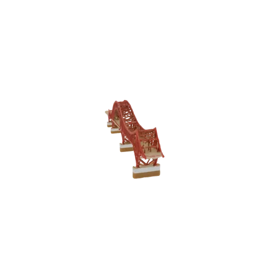 Modelo 3D de un puente de celosía rojo con intrincada red de celosía y soportes robustos, sobre fondo blanco.