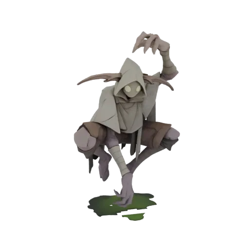 Modelo 3D de goblin ladino agachado com capa com capuz e olhos brilhantes, posicionado para ação em uma base lamacenta.
