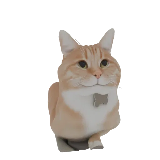 Modèle 3D d'un mignon chat tigré orange assis et regardant sur le côté, portant une médaille.