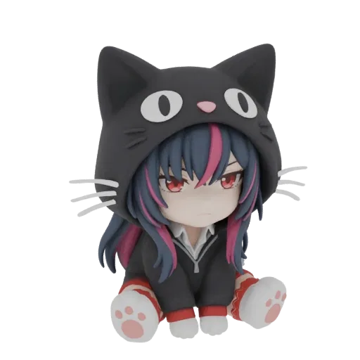 3D model of a chibi girl with dark hair and pink streaks, wearing a black cat hoodie, sitting with a grumpy expression and pa