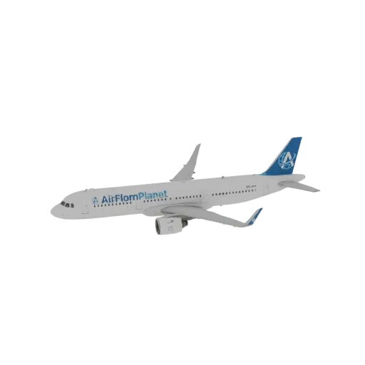 3D model of a white AirFlomPlanet passenger jet with blue branding, shown from a side-angle against a white background.