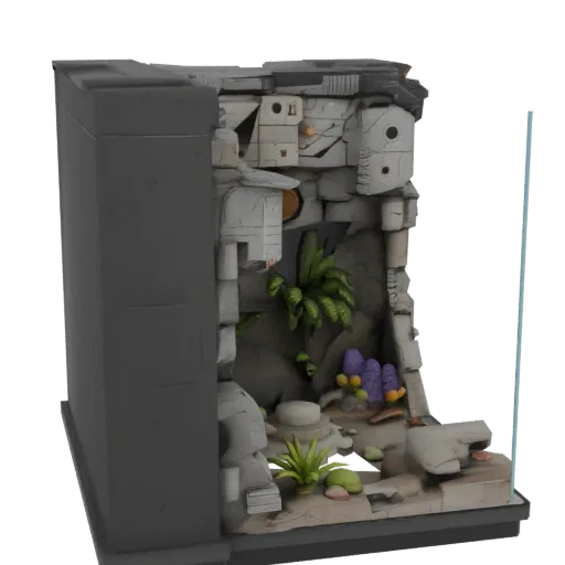 3D model of a futuristic corner aquarium grotto hideout with plants and mushrooms