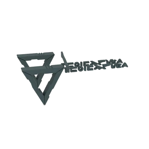 3D model of the Telematika RUS logo, featuring a grey geometric 'V' emblem and stylized text against a black background.