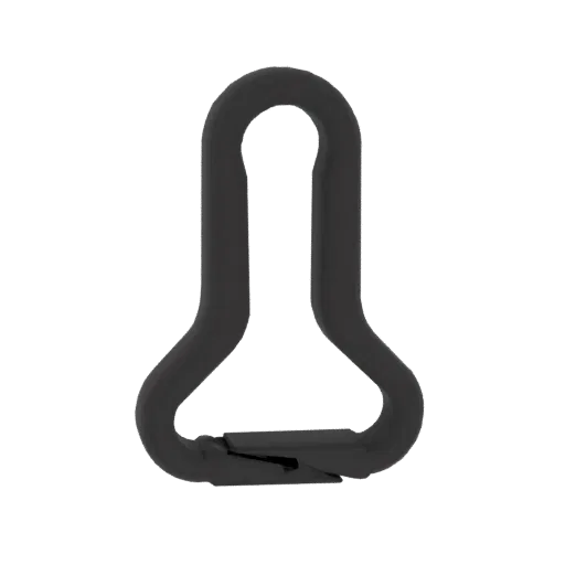 3D model of a matte black carabiner clip with a closed spring gate, isolated on a white background.