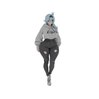 Modelo 3D de chica anime con pelo azul, vistiendo sudadera corta gris y jeans rotos negros, en pose casual.