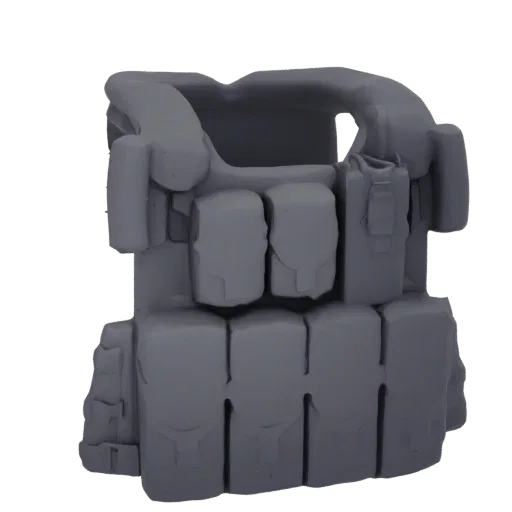 3D model of a tactical vest with multiple pouches, rendered in a neutral gray material.