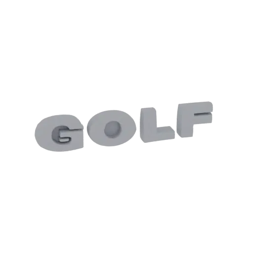 A 3D rendered model of the word GOLF in bold, gray, extruded letters against a white background.