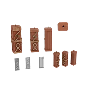 Una colección de pilares rúnicos y piedras rúnicas renderizadas en 3D con texturas desgastadas y tallas de inspiración nórdic