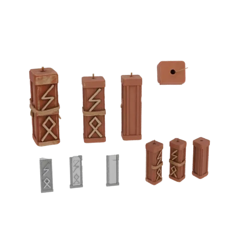 Una colección de pilares rúnicos y piedras rúnicas renderizadas en 3D con texturas desgastadas y tallas de inspiración nórdic