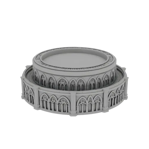 Modelo 3D de un altar circular con elementos arquitectónicos góticos, con arcos y columnas, sobre un fondo negro.