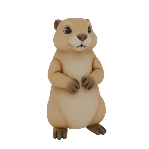 Un encantador modelo 3D de un perro de la pradera adorable de pie con una expresión amigable y dientes visibles.