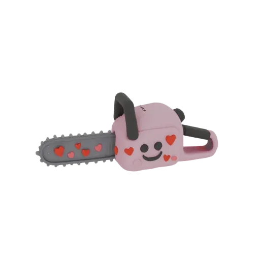 3D render of a kawaii pink chainsaw toy with a grey blade, red hearts, and a smiley face, set against a white background.