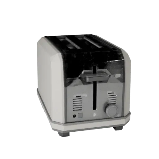 Smart Toaster Low Poly 3D model, dining room, game viewport three-quarter view, plastic detail.