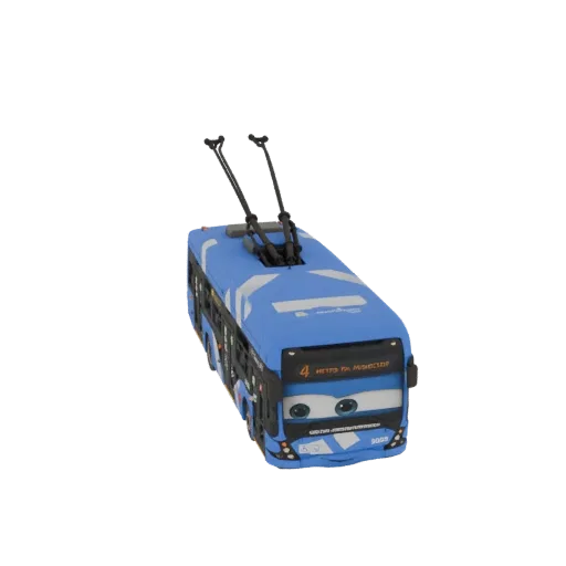 3D model of a blue double-decker trolleybus with cartoon eyes and trolley poles, viewed from a slightly elevated angle.
