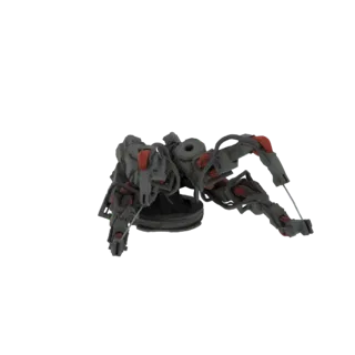 Una renderización 3D de un dron araña mecánico con cuerpo gris y acentos rojos, con múltiples patas articuladas y un cuerpo c