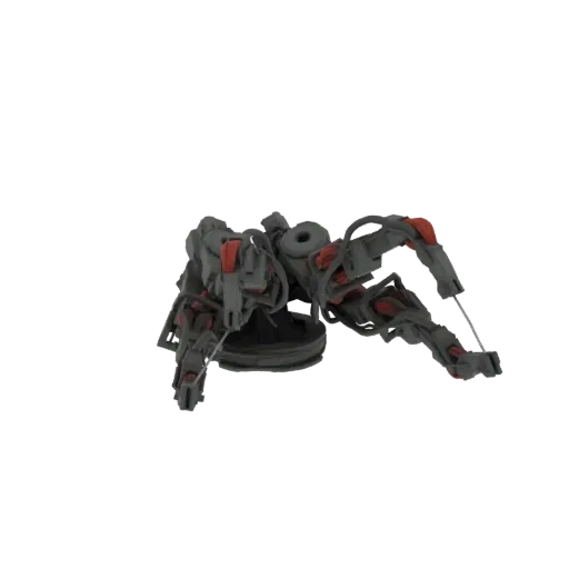 Una renderización 3D de un dron araña mecánico con cuerpo gris y acentos rojos, con múltiples patas articuladas y un cuerpo c