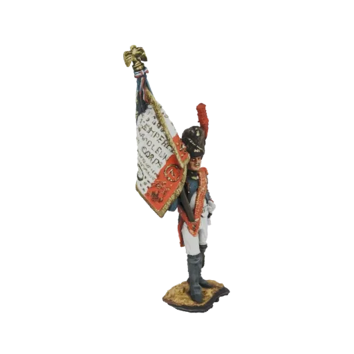 3D model of a Napoleonic Imperial Guard standard bearer in uniform, holding a large, ornate flag.