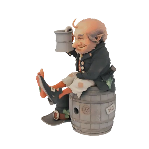 3D model of a leprechaun with a beard and pointed ears, wearing a dark coat and breeches, sitting on a barrel and holding a m