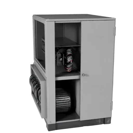Automated Control Cabinet 3D model, side profile view, technical viewport render, showing painted steel, form detail.
