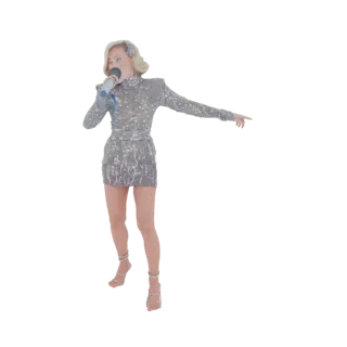 Modelo 3D de una estrella pop femenina con un vestido plateado brillante, sosteniendo un micrófono y señalando con la otra ma