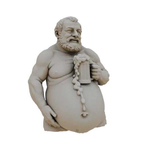 3D model of a stout, bearded Bavarian man holding a beer mug with overflowing foam, rendered in a light grey, stone-like mate