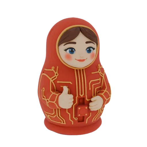 3D model of a red Matryoshka doll with golden circuit board patterns and a thumbs-up gesture.