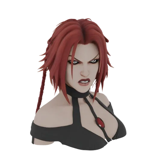 3D model render of a fierce woman with red hair, intense eyes, and a black outfit with a red gem.