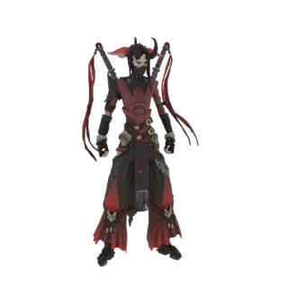 Modelo 3D de un guerrero demonio rojo con cuernos, armadura detallada y dos espadas, de pie sobre un fondo blanco.