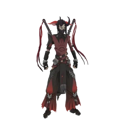 Modèle 3D d'un guerrier démon rouge avec cornes, armure détaillée et deux épées, sur fond blanc.
